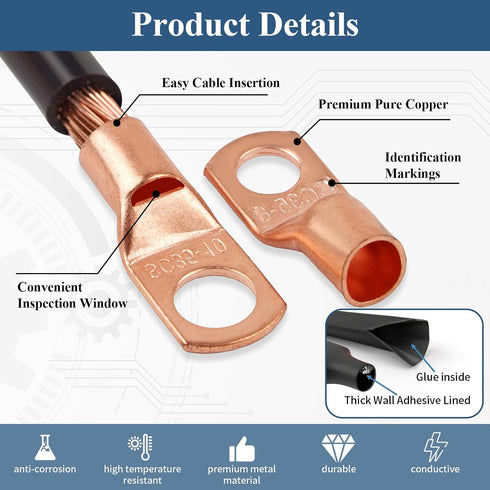 130Pcs, 2 4 6 8 10 12 66Pcs Set, 64Pcs PEASUG Copper Wire Lugs AWG Gauge Battery Cable Ends with Heat Shrink Tubing