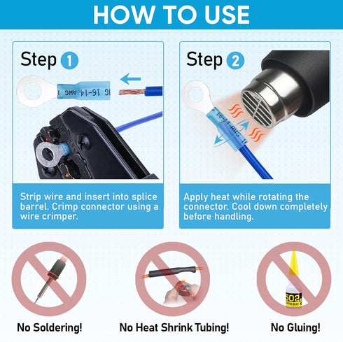 TICONN 250Pcs Heat Shrink Wire Connectors Kit, Waterproof Automotive Marine Electrical Terminals, Crimp Connector