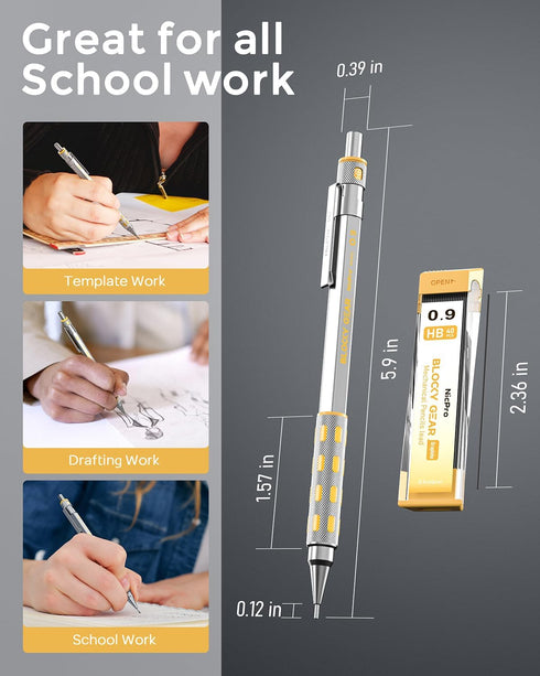 Nicpro Blocky Gear 0.9mm Mechanical Pencils Set in Case, Metal Pencil with HB Lead Refills, Eraser