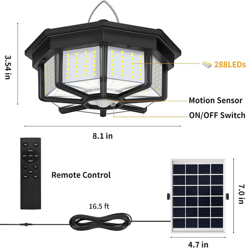 288LED 5 Solar Shed Light Indoor Outdoor, Aqonsie Solar Powered Motion Sensor Pendant Light Daytime Available, Solar