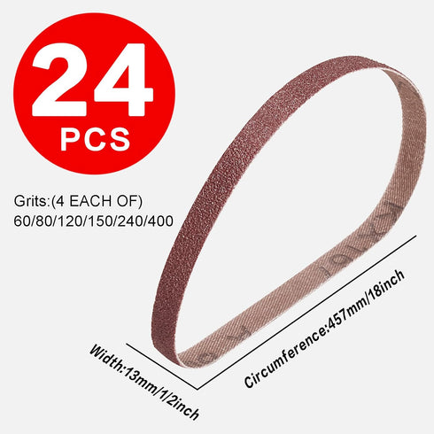 Sanding Belt 24 Pack, 1/2 x 18 Inch Aluminum Oxide Assortment for Woodworking and Metal Polishing