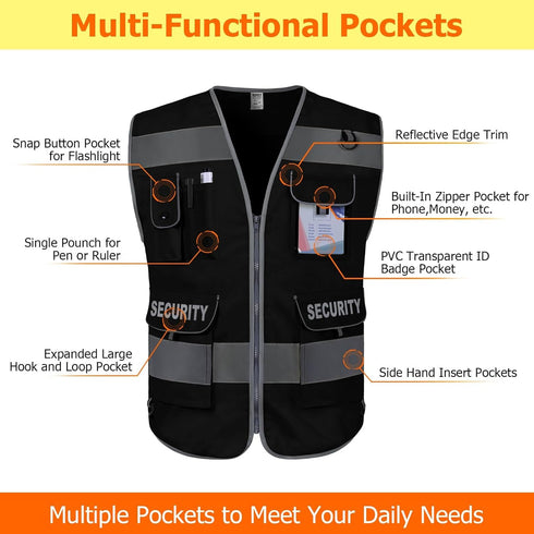 9 (G100S-Black, TCCFCCT Security Vest for Security Guard Pockets High Visibility Reflective Safety Vest for Men Women