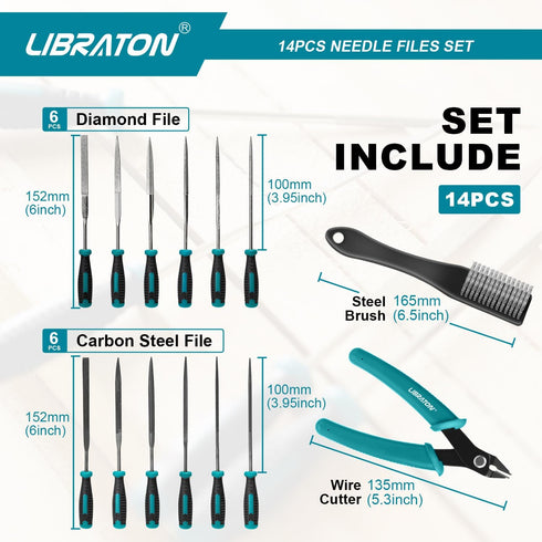 Libraton Needle File Set, 14PCS Diamond and Carbon Steel Files with Wire Cutter, Carry Bag for Soft Metal and Wood