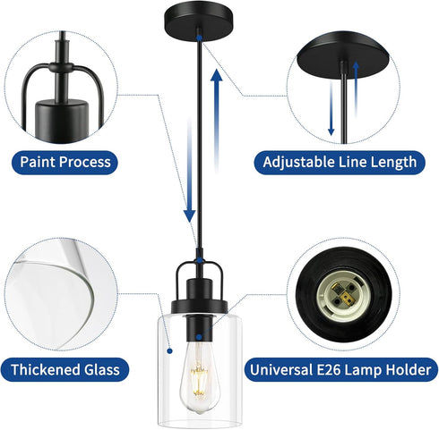 E26 Bulb (1 Pack) Farmhouse Pendant Light, Rustic Black Pendant Lights Kitchen Island Industrial Hanging Ceiling