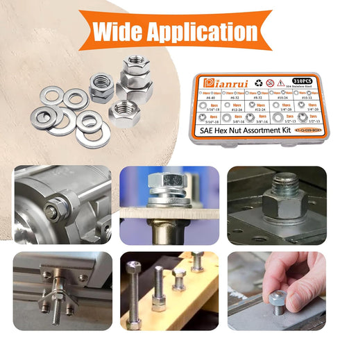 Dianrui 310PCS 10 304 Set #4-40,#6-32,#8-32,#10-24,#10-32,#12-24,1/4''-20,5/16''-18, 3/8''-16,1/2''-13 SAE Hex Nuts