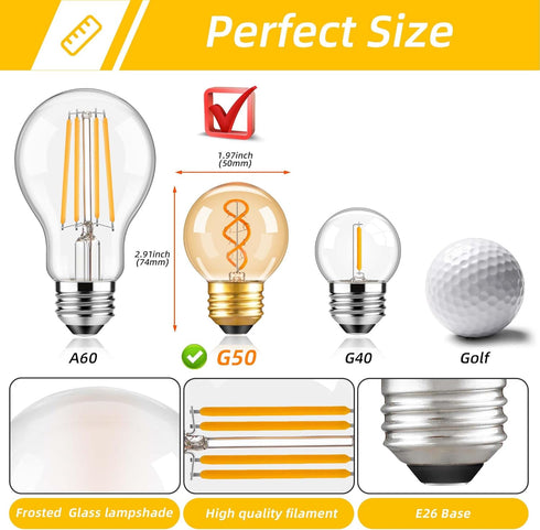 Dimmable E26 G16.5 Bulb 25W 3W Bulbs,G16.5/G50 Bulbs Bulbs 2200K,180LM,6 Pack Vintage Amber LED Light Equal Short Light