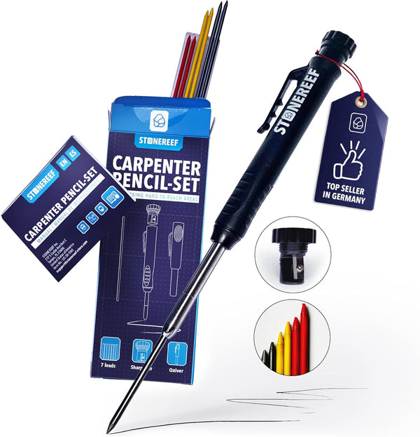 STONE REEF Carpenter Pencil Set with Sharpener & 7 Refills Deep Hole Marker Mechanical