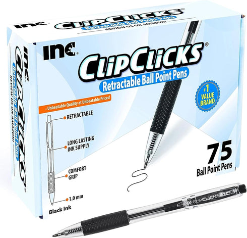 Inc. ClipClicks Retractable Ballpoint Pens, 75 Count, Bulk 1.0-mm Medium-Point Pen Set with Comfort Grip