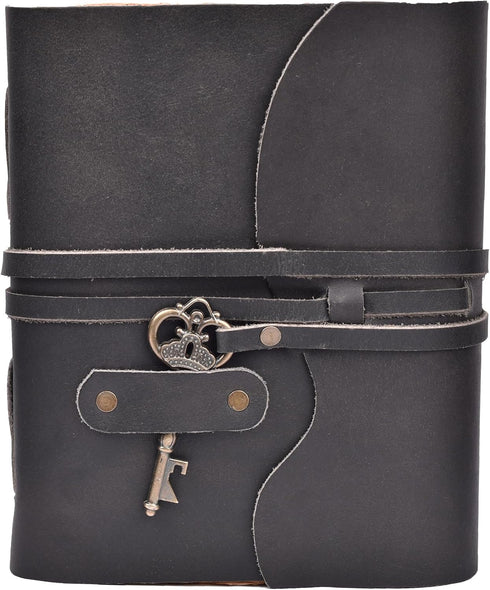 LEATHER VILLAGE Vintage Leather Journal – 200 Handmade Vintage Deckle Edge Paper – Leather bound Journal For Women Men – Vintage Key Closure - Book of Shadows - Black - 6X4 inches (A6)