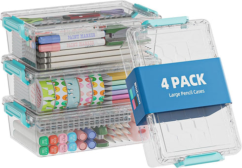 BiuLeon 4 Pack Extra Large Pencil Box, Plastic Pencil Case Organizer, Clear Crayon
