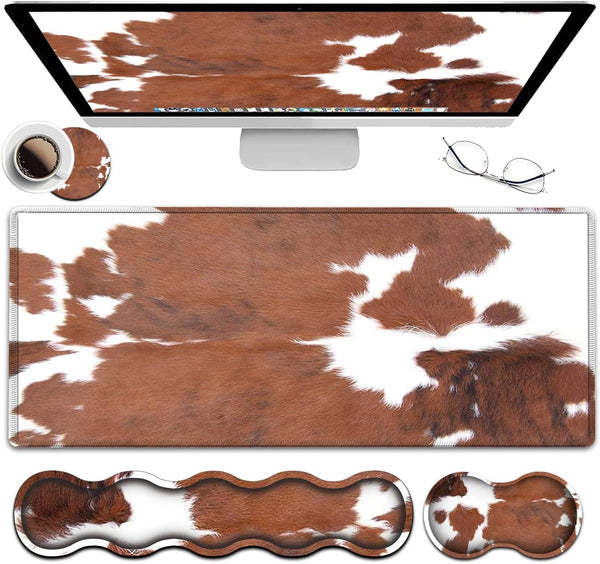 Large Mouse Pad with Gel Wrist Rest + Memory Foam Keyboard Wrist Rest Support Set, XXL Brown Cowhide Desk Mat