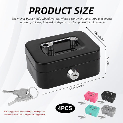 Sopoloray 4 Set Lock,4.5" 3.3" 2" Pcs Metal Cash Box with Key x x Steel Money Box for Coins Bills,Portable Mini Safe