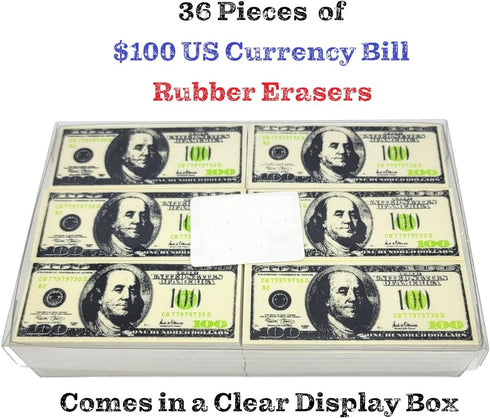 Realistic Looking $100 Bill Erasers (36 Pack), Almost 3" x 1.25" Rubber for School Student Incentive