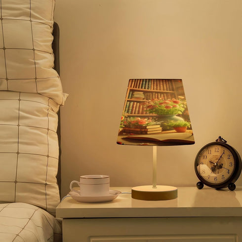 Lotupokon Dimmable Bulb Books Flowers Table Lamp for Bedroom Bedside Nightstand Lamp USB Outlet Desk Lamp with Fabric