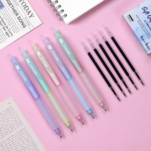 WRITECH Retractable Gel Ink Pens, 0.7mm Black-Ink Aesthetic Gradient Color Barrel, Soft Grip Medium Point 5ct
