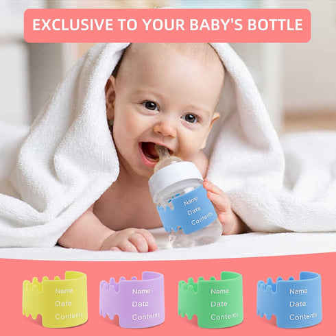 Fampery 8PCS 4 Silicone Baby Bottle Labels for Daycare Writable Bottles Label Reusable Bottle Bands for Daycares