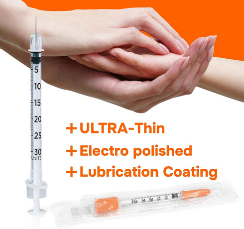0.3 ml/cc, 31G 5/16 (8mm), 100 ONE-CARE Syringe x Individually Wrapped, Orange Cap, Box of pcs