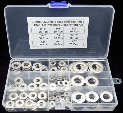 6# 8# 10# 12# 1/4" 5/16" 3/8" 7/16" 1/2" SAE 304-Stainless Steel Flat Washers Assortment Kit