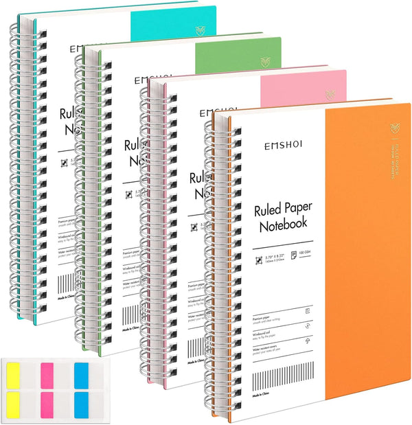 EMSHOI College Ruled Spiral Notebook, 4 Pack, 5.7" x 8.22", 640 Pages, Plastic Hardcover, Orange, Green, Pink, LightBlue