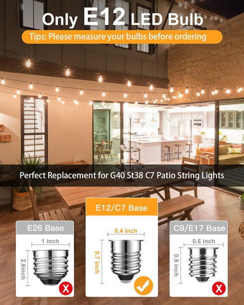 GLUROO LED String Light Bulbs, ST38 Shatterproof LED Replacement Bulbs for Outdoor String Lights Eidison Bulb fits E12 C7 Screw Base, 1Watt Equvanlent to 7Watt Incandescant Bulbs, Warm White, 4 Pack by GLUROO