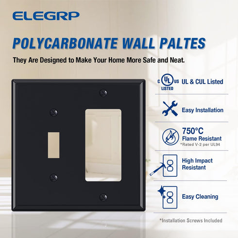Combination Wall Plate ELEGRP 2-Gang 1-Toggle Light Switch 1-Decorator/GFCI Device Combination Wall Plates, Mid-Size 4.88" x 4.94" Unbreakable Thermoplastic Faceplate Cover, UL (2 Pack, Glossy Black) by ELEGRP
