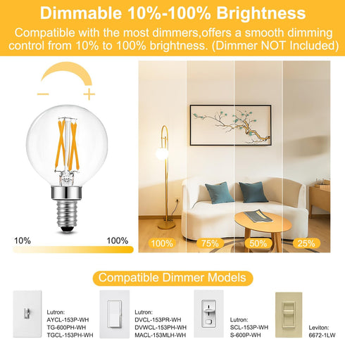 BRIMAX 10 Pack G16.5 Light Bulbs, Dimmable 4W E12 LED, 2700K Warm White, Flicker Free for Ceiling Fans