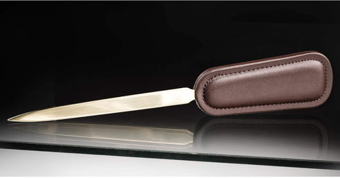 Dacasso Chocolate Brown Leather Letter Opener with Gold Blade