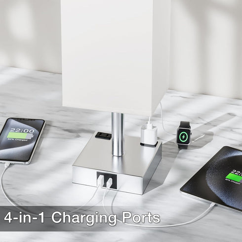 3-Way Dimmable E26 Bulb Touch Bedside Table Lamp for Nightstand - Night Lamp with USB A + Type C Charging Ports and Two