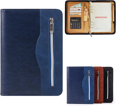 Marte Vanci A5 Padfolio with Calculator - PU Leather Business Portfolio, Zippered Folder, 6 Ring Lined Notebook, Blue