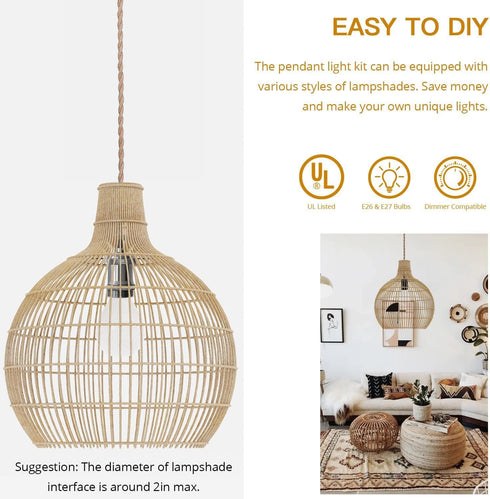 E26 E27 JACKYLED UL Boho Pendant Light Kit, Hemp Rope Light Fixture with Adjustable Hanging Light Cord & Light Socket