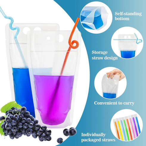 100 17oz MAQIHAN Drink Pouches with Straws Individually-Wrapped - Juice Drink Pouches Adult Clear Plastic Halloween