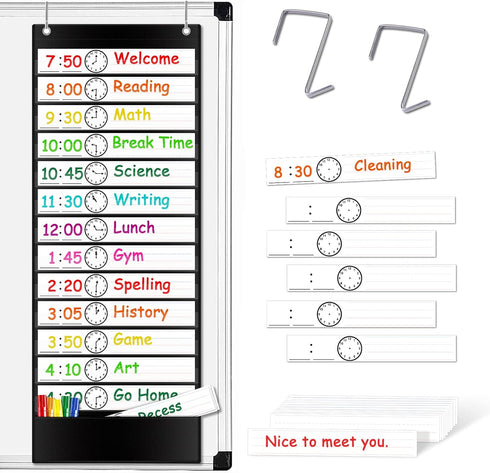Daily Schedule Pocket Chart with 13+1 Pockets, 18 Dry Eraser Cards, Over Door Mountings for Classroom, Office (Black)