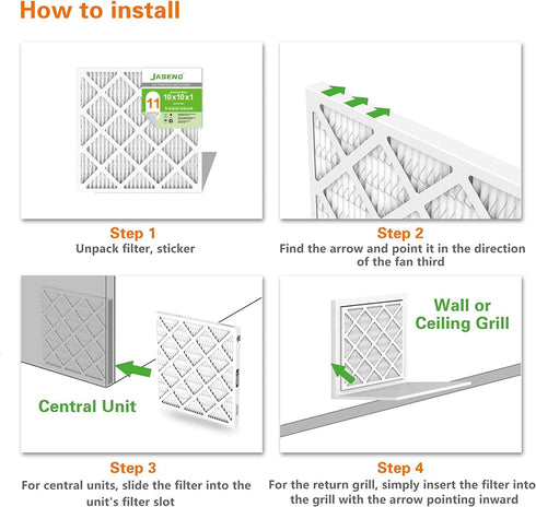 10x10x1 Furnace Air Filters MERV 11, Jaseng 4 Pack AC Filter MPR 1000 & FPR 7 Replacement (Exact Size: 9 3/4"x9
