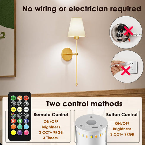 10000mAh 9 4 Bulbs, KIBTOY Battery Operated Wall Sconces, Rechargeable Wireless Wall Lights with Remote, RGB Colors