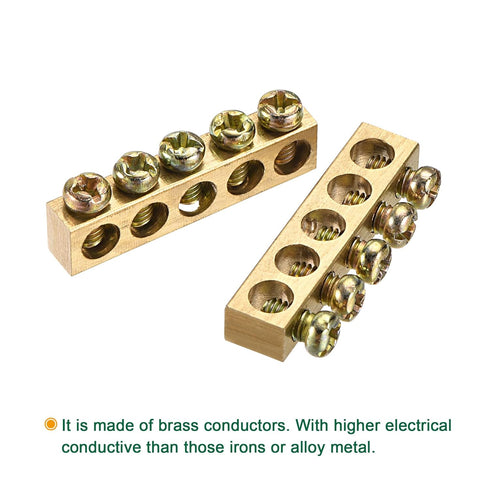 MECCANIXITY Terminal Ground Bar Screw Block Barrier Brass 5 Positions for Electrical Distribution, 5 Pcs