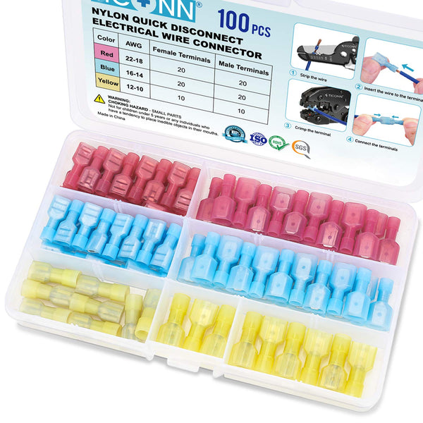 TICONN 100 Pcs Nylon Spade Quick Disconnect Connectors Kit, Electrical Insulated Male and Female Spade Terminals