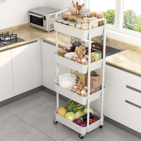 Sywhitta 4-Tier Plastic Rolling Utility Cart - Multi-Functional Storage Trolley with Handle for Office, Living Room,