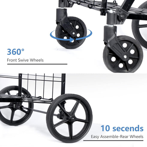 Compact Folding Grocery Cart with Dual Baskets - Black