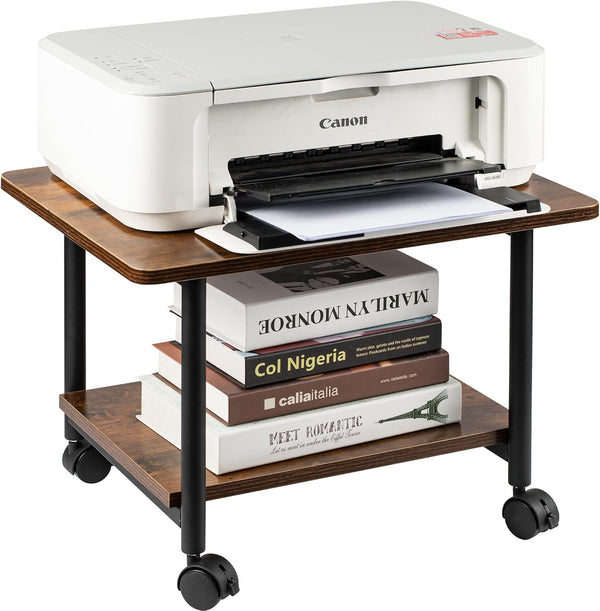Under Desk Printer Stand, 2-Tier Mobile Printer Table with Storage Shelf, Heavy Duty Wood Rolling Cart for Home, Office