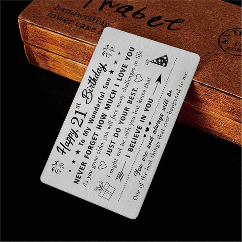 FALOGIJE 21st Birthday Card for Son, Gifts for 21 Year Old, Engraved Metal Wallet Card, Birthday Decorations for Him