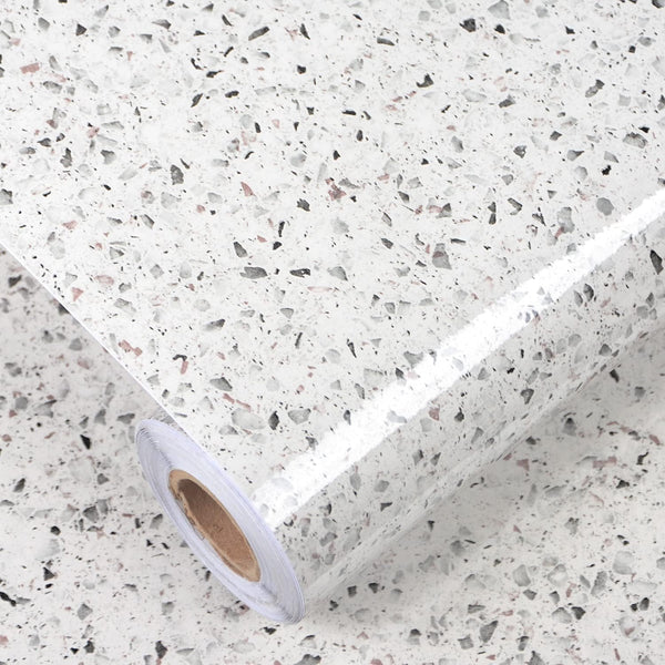 Gray White Terrazzo Contact Paper, 88" X 16" Peel and Stick Adhesive Wallpaper for Kitchen Countertop, Cabinet, Dresser