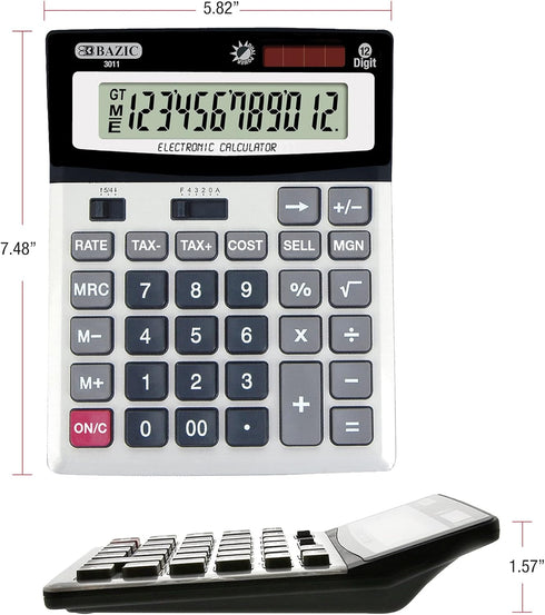 BAZIC 12-Digit Desktop Calculator, Profit Calculation & Tax Functions, Large LCD Display, Solar Battery, 1-Pack