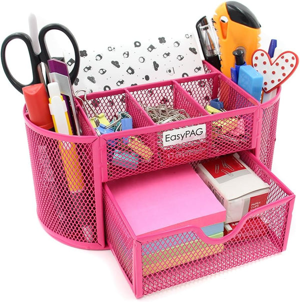 EasyPAG Desk Organizer, Mesh Desktop Office Supplies Caddy with Drawer, Pink