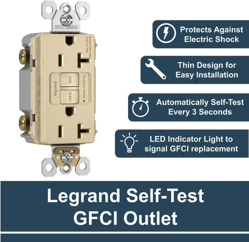 Legrand radiant 2097ICCD12 20 Amp GFCI Self Test Decorator Duplex Outlet, Ivory, 1 Count