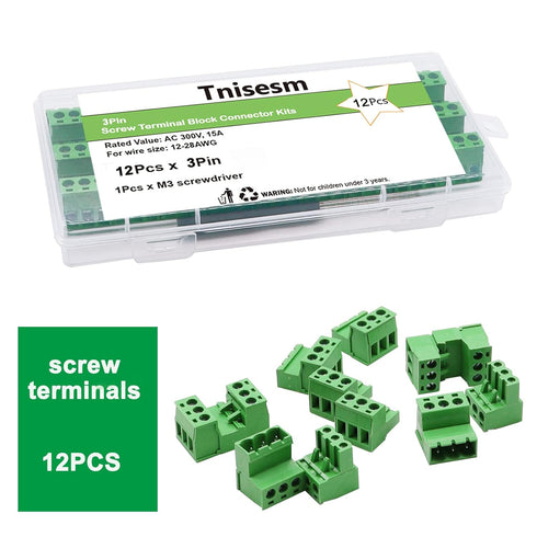 Tnisesm 12Pcs 3 Pin Screw Terminal Block Connector - 5.08mm Pitch Pluggable for 28-12AWG Cable