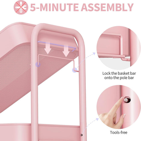 TOOLF Rolling Carts with Wheels, 3 Tier Metal Storage Organizer for Bathroom Kitchen, Pink Utility Cart