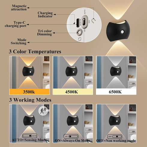 JOGOLED 3 Motion Sensor Light Wall Lamp - Colors Night Light Wall Lamps LED Indoor Up and Down Sconce Rechargeable