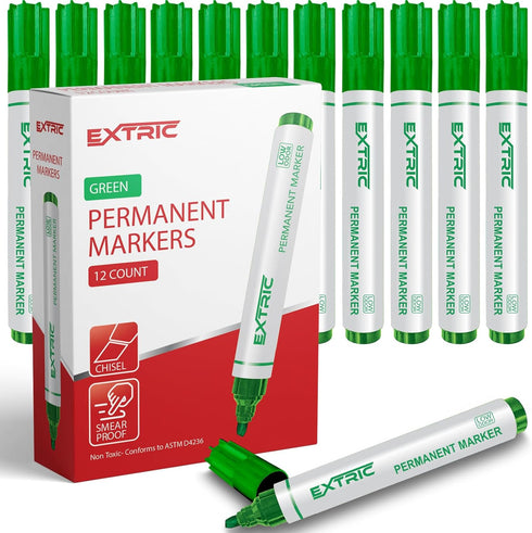 Permanent Markers, Chisel Tip Green, Quick Drying Ink for Paper, Wood, Plastic, Metal, Glass, Home, Office Use