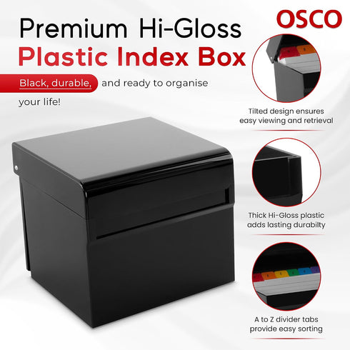Osco 100 5" 3", 127 76 mm Black Hi-Gloss Plastic Index Box, Small, A to Z Divider Tabs, Lined Note Cards, x Ruled