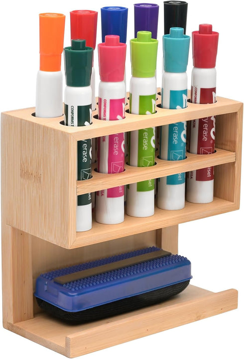 Excello Global Products Bamboo Dry Erase Marker Holder, Magnetic Mount, Holds 10 Markers and an Eraser